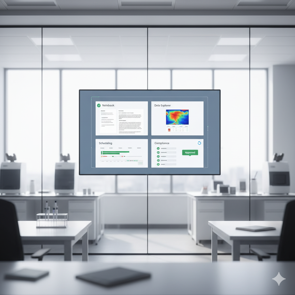 Unified R&D Workspace Blueprint - Minimalist schematic showing Notebook/Data Explorer/Scheduling/Compliance